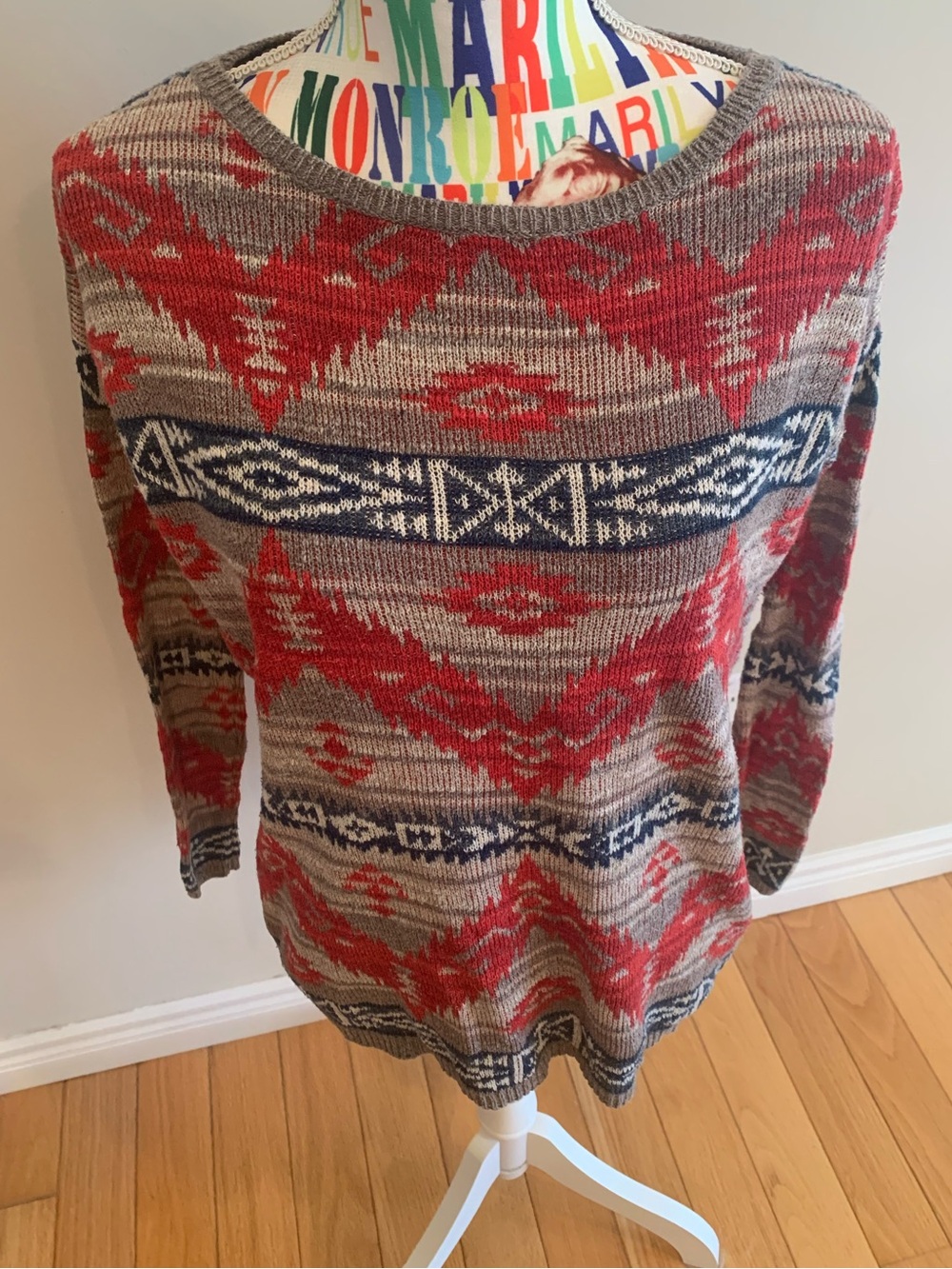 Denim & Supply Ralph Lauren Red, Gray & Blue Geometric Knit Sweater 100% Cotton